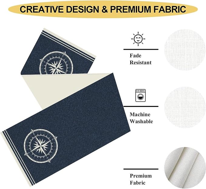Nautical Compass Table Runner，Retro Coastal Sailing Compass Vintage Navy Blue - Image 5
