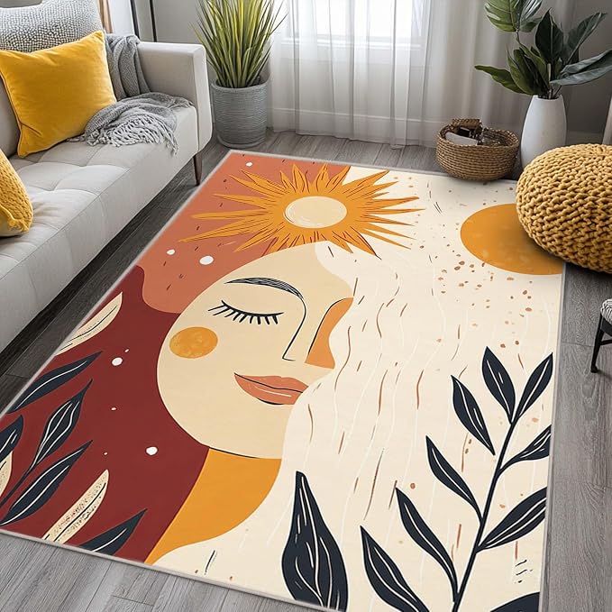 6x9 Sun and Moon Area Rug Beige Yellow Rug Non Slip Low Pile Large Carpet - Image 2
