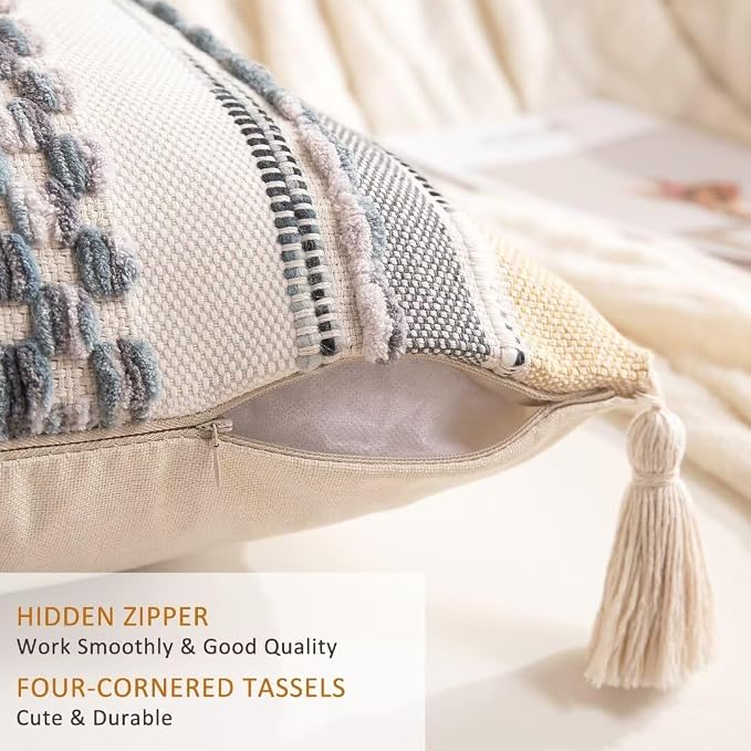 Boho Throw Pillow Covers 18x18 Set of 2 Woven Tufted Farmhouse Pillows Cover - Image 3