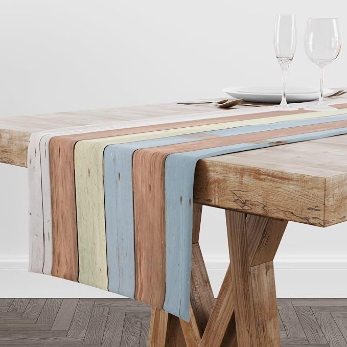Blue White Fresh Wood Table Runner Abstract Strip Wood Texture Kitchen Dinner - Image 2