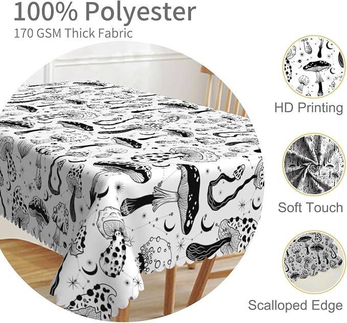 54x78inches Mushroom Tablecloth Retro 70s 60s Hippie Black and White Mushroom - Image 3