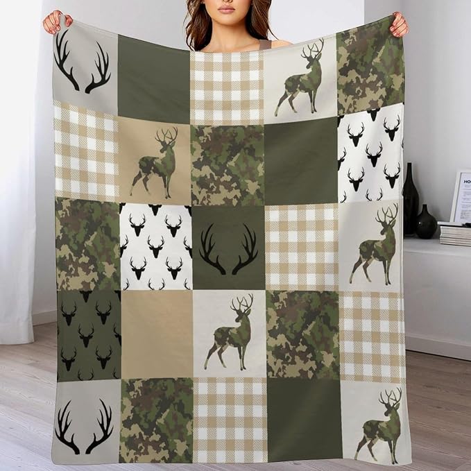 Camouflage Deer Blanket, Vintage Camo Green Beige Plaid Rustic Cabin Wildlife - Image 8