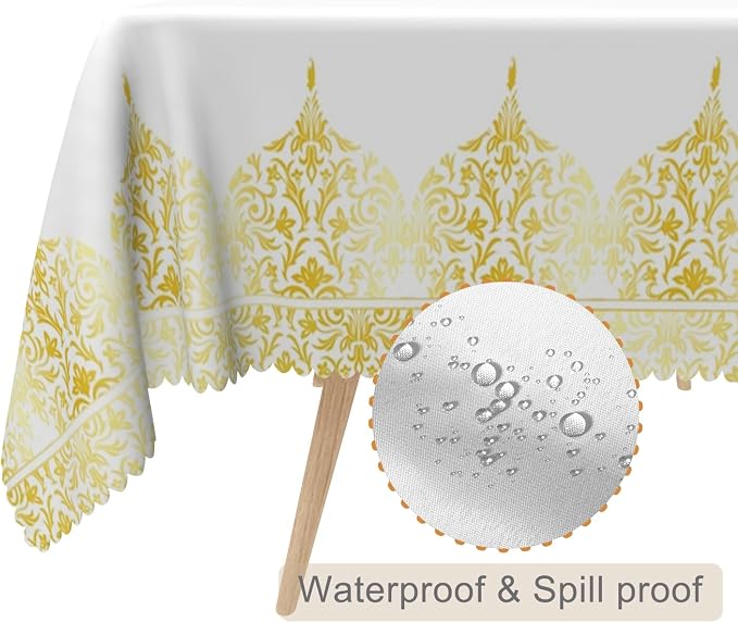 54x108inches White Rectangle Table Cloth Gold Floral Border Printed Decorative - Image 2