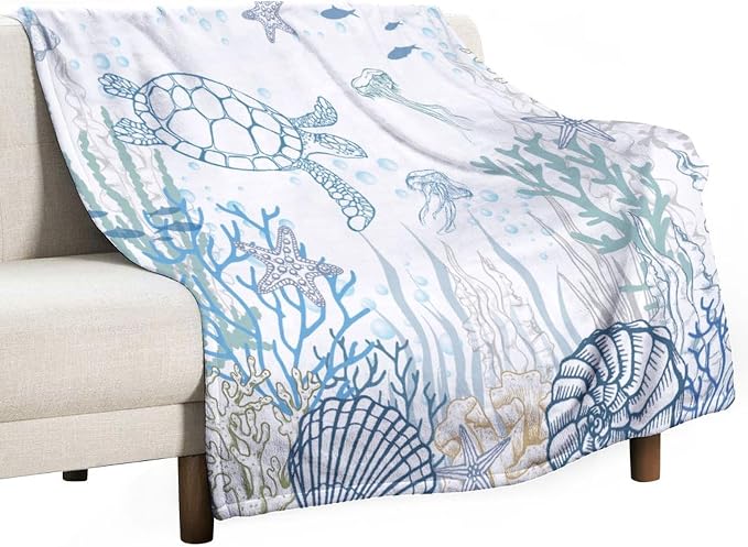 Nautical Turtle Throw Blanket, Coastal Sea Ocean Theme Coral Starfish Seashell by JanJCurt