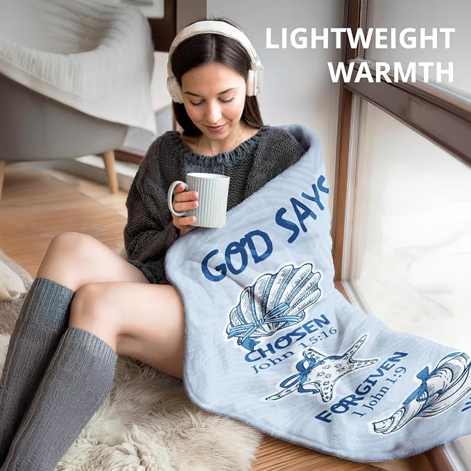 Blue Christian Blanket, God Says You are Bible Verse Preppy Beach Seashell - Image 6