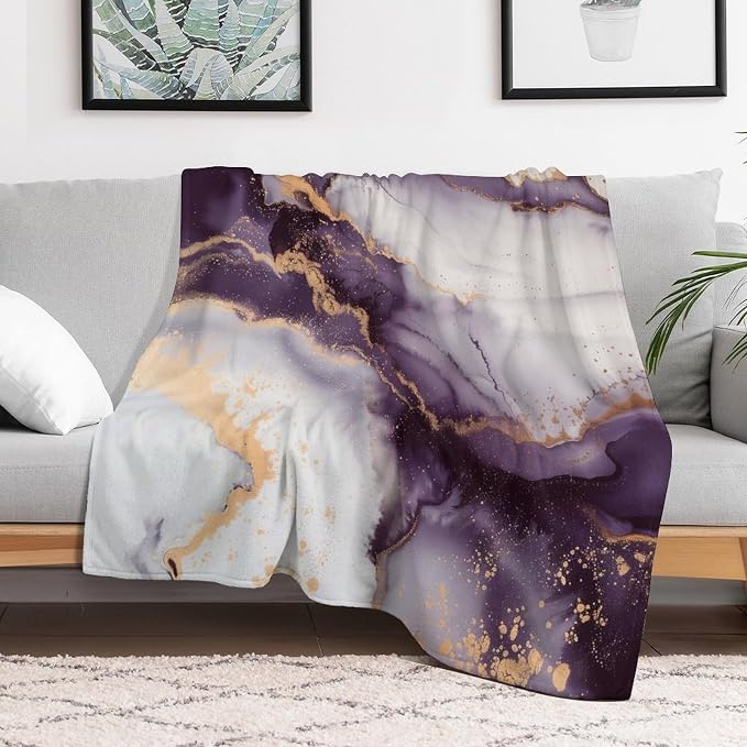 Modern Marble Blanket, Abstract Luxury Baroque Golden Purple White Stone Veins - Image 6