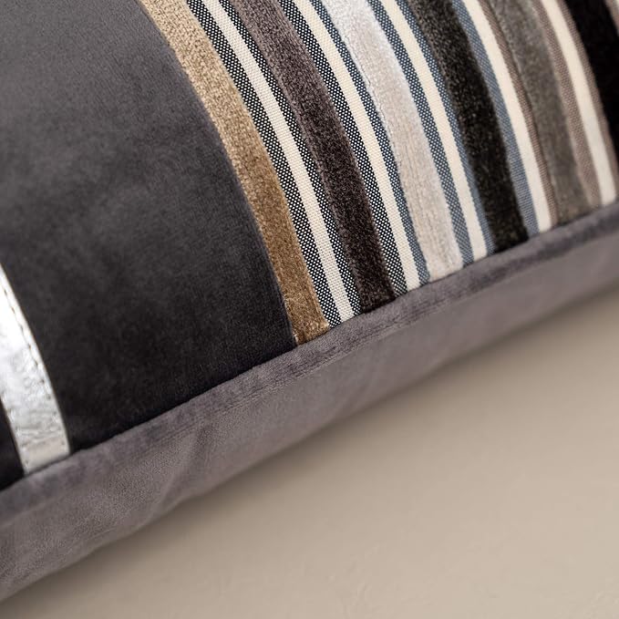 Yangest Grey Striped Patchwork Throw Pillow Cover Silver Leather Cushion Cover - Image 4