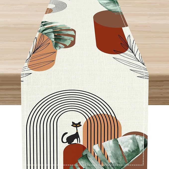 Mid Century Modern Table Runner, Abstract Green Leaves Black Cat Tropical by Unknown