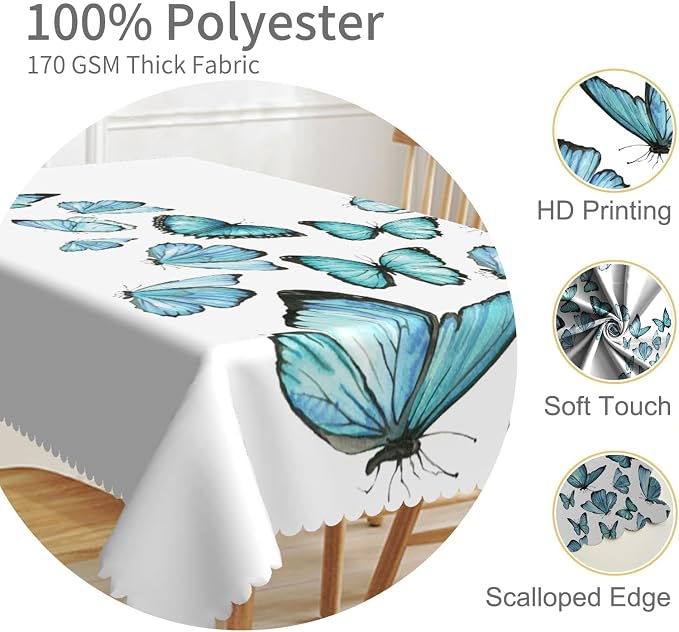 70x108inches Blue Butterfly Rectangle Table Cloth Nature Butterflies White - Image 3