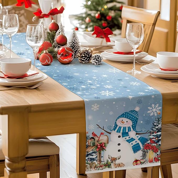 Blue Snowman Christmas Table Runner, 13x72 Inch, Xmas Tree Table Runners Elk - Image 7