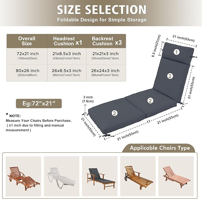 Chaise Lounge Cushion 72x21x3 Inch – Set of 2 Outdoor Lounge Chair Cushions - Image 3