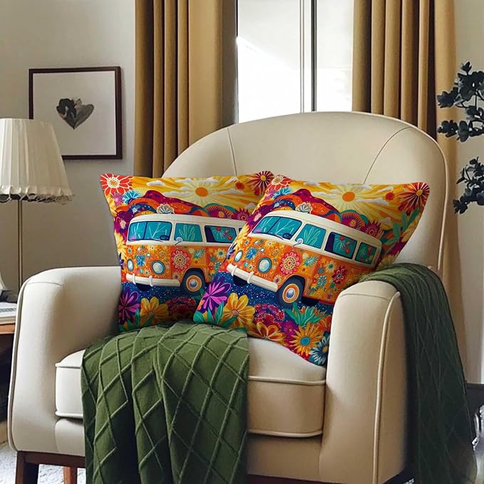 Hippie Van Throw Pillow Covers 18x18 Set of 2 | Home Decor Retro 1960s Cushion - Image 3