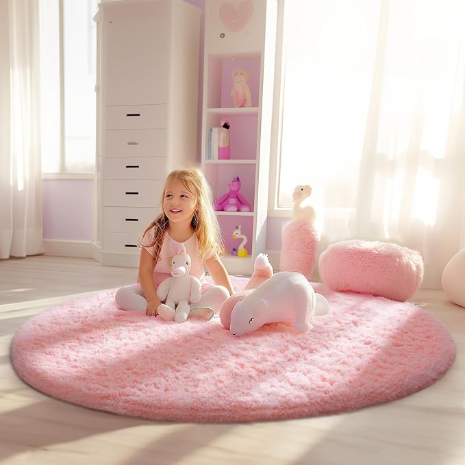 Ophanie Pink Round Rug for Bedroom Girls, Kids Fluffy Kawaii Fuzzy Shag Circle - Image 2