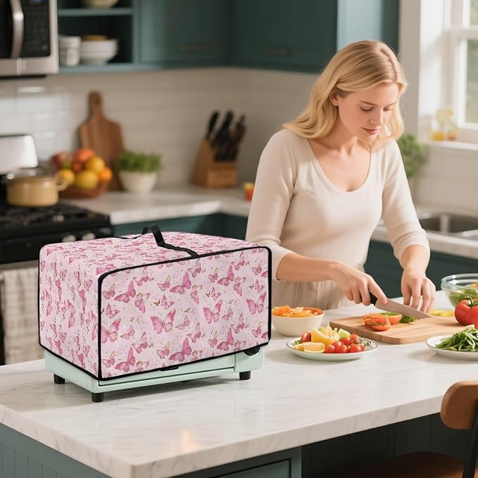 Pink Butterfly Print Microwave Oven Dust Cover Polyester-Linen Fabric Dust Cover - Image 3