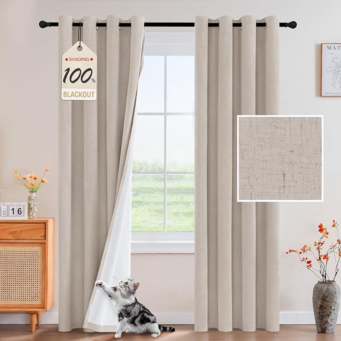 PrinceDeco Nature Linen Blackout Curtains 96 Inch Long Thermal Insulated - Image 2