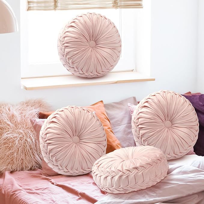 4 Pcs Round Throw Pillows 15 Inch Decorative Velvet Pleated Pumpkin Floor Boho - Image 5