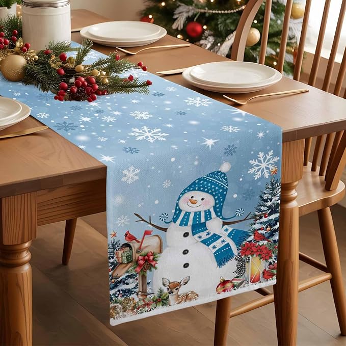Blue Snowman Christmas Table Runner, 13x108 Inch, Xmas Tree Table Runners Elk - Image 2