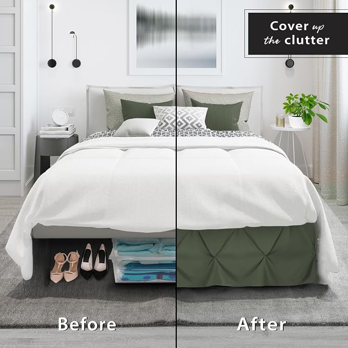 Nestl Olive Green Bed Skirt Full Size, Pinch Pleat Full Bed Skirt, Olive Green - Image 4
