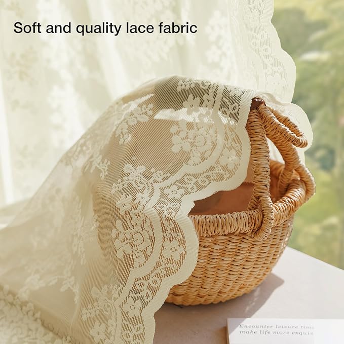 Anmao Vintage Lace Curtains 63 Inches Long 2 Panels Set, Romantic Elegant Light - Image 4