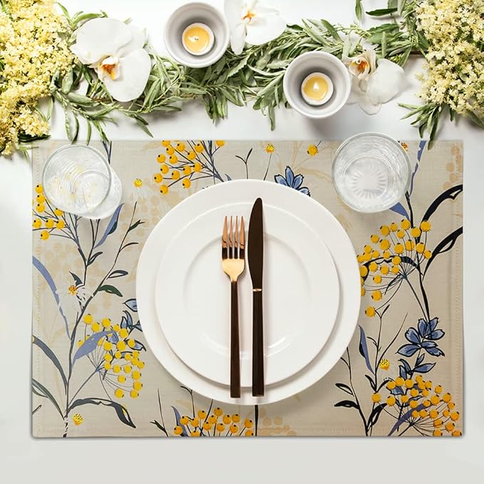 Floral Placemats Set of 4 Vintage Floral Summer Flowers Yellow Placemats - Image 3