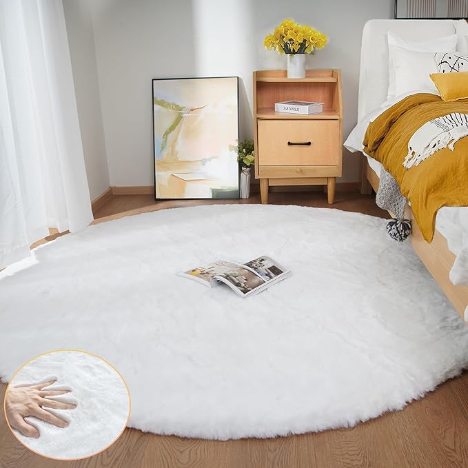 White Shag Round Rugs 8ft for Dining Room Table Faux Bunny Machine Washable Fur - Image 4
