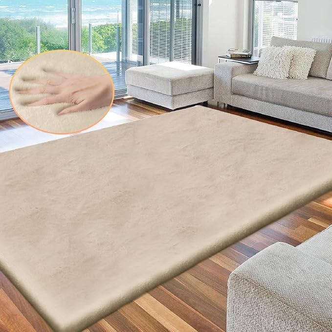Washable Area Rug 6x9 Rugs for Living Room Camel Plush Faux Bunny Fluffy Fur - Image 2