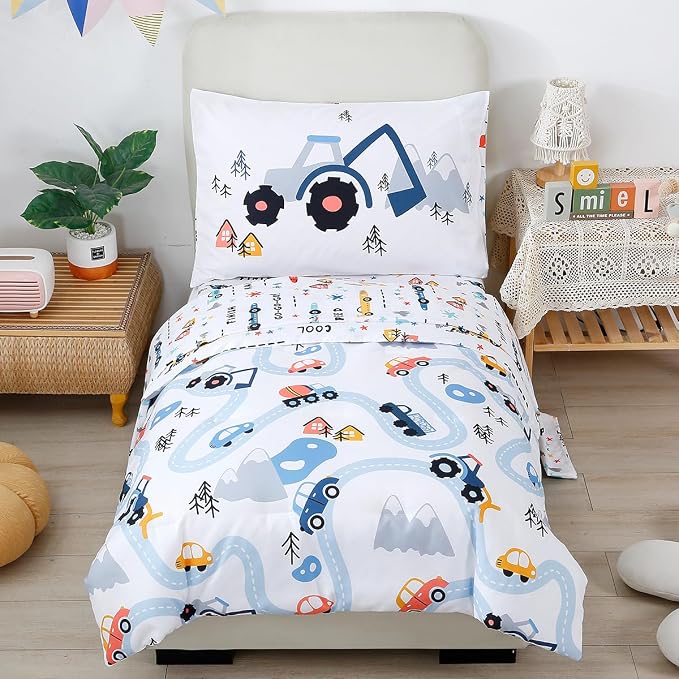 PERFEMET 5-Piece Kids Comforter Full Size Set Reversible Trucks Cars Bedding by PERFEMET