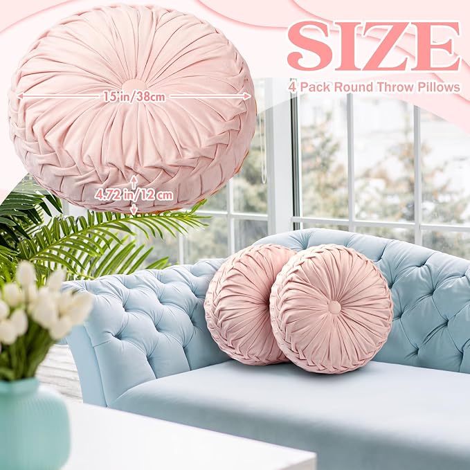 4 Pcs Round Throw Pillows 15 Inch Decorative Velvet Pleated Pumpkin Floor Boho - Image 3