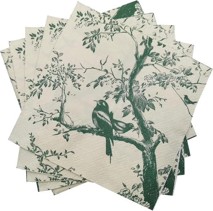 100 Pack Sage Green Paper Cocktail Napkins, Special Birds and Tree Decorative by WNYLEPL