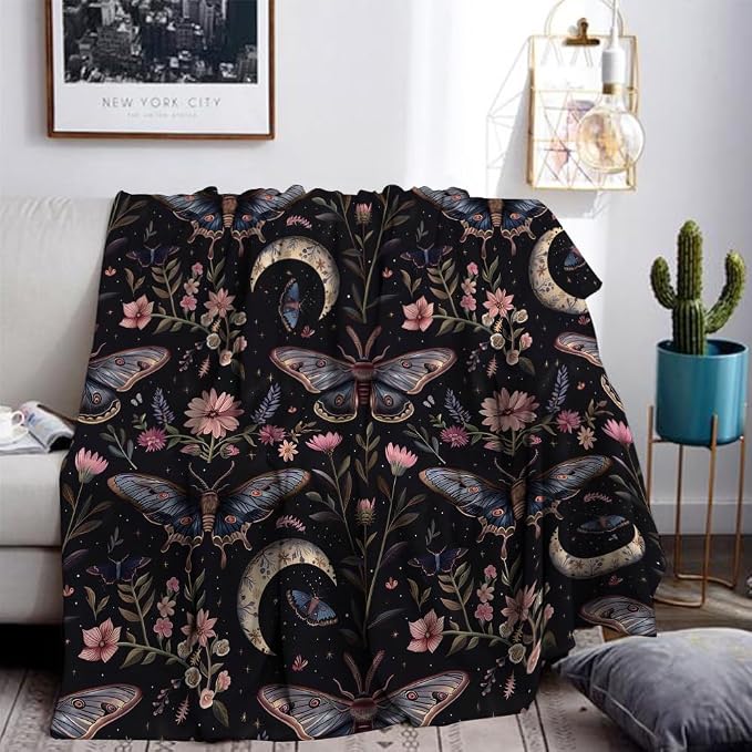Moon Moth Throw Blanket 60"x80" Soft Cozy Lightweight Flannel, Mystical Night - Image 3