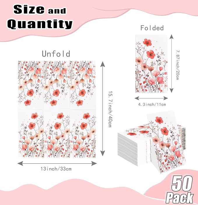 HEIPINIUYE 50 Pieces 3-ply Spring Floral Paper Napkins Red Flower Guest Napkins - Image 2