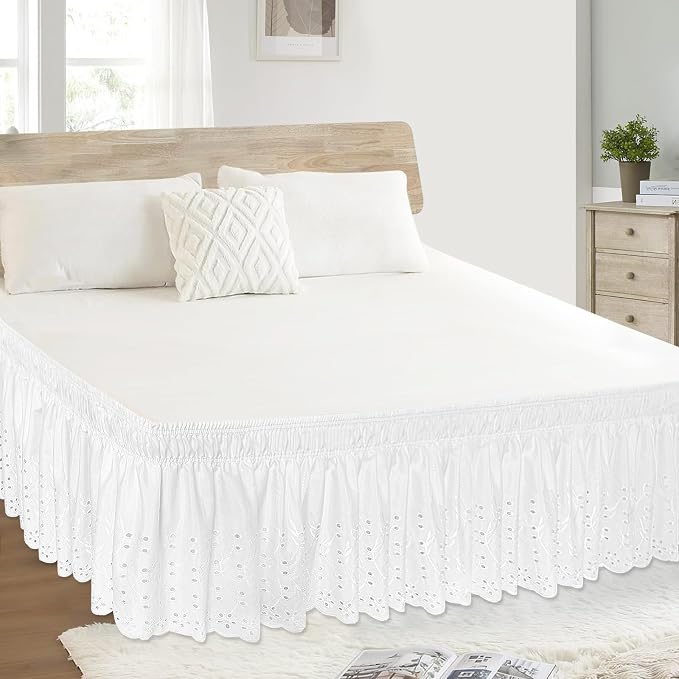 Queen Bed Skirt, Wrap-Around Elastic Ruffled Eyelet Bed Skirt Queen Size Dust - Image 5