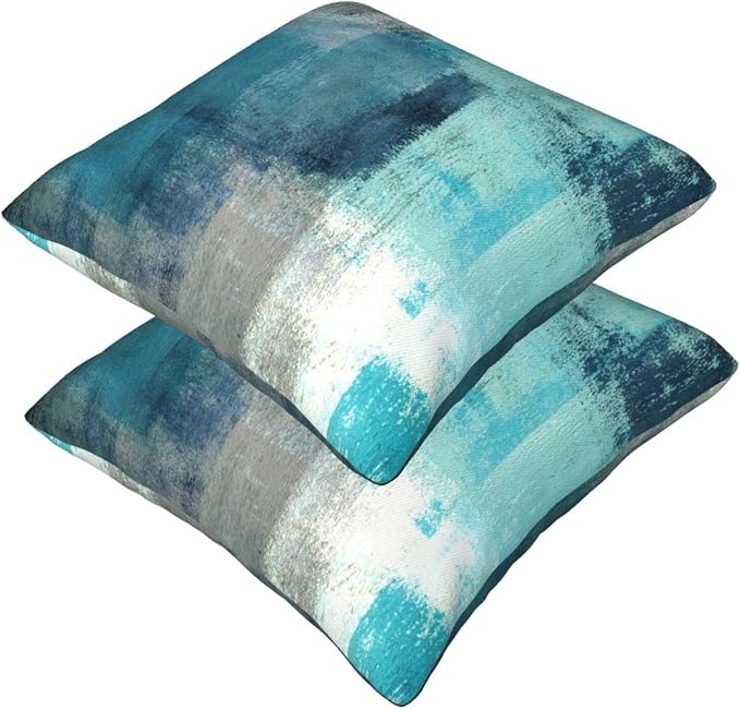 bassyil Teal Grey Abstract Art Painting Throw Pillow Covers Decorative Linen - Image 9