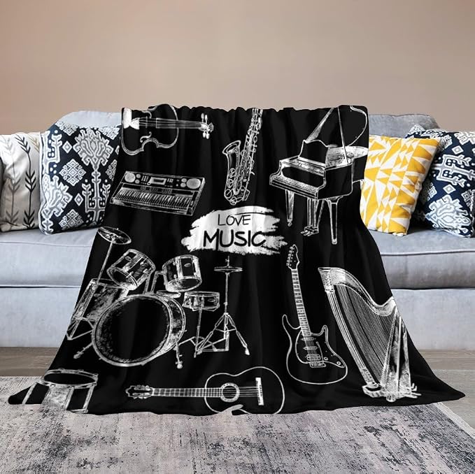 Music Blanket Drums Piano Guitar Black White Abstract Art Printed Soft Cozy - Image 4