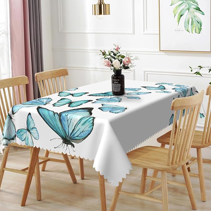 70x90inches Blue Butterfly Rectangle Table Cloth Nature Butterflies White by TTQYFNM