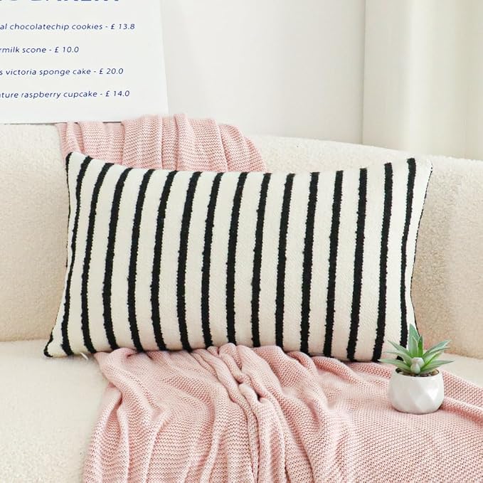 Jonhier White Striped Lumbar Boho Throw Pillow Cover, Modern Boucle Textured by Jonhier