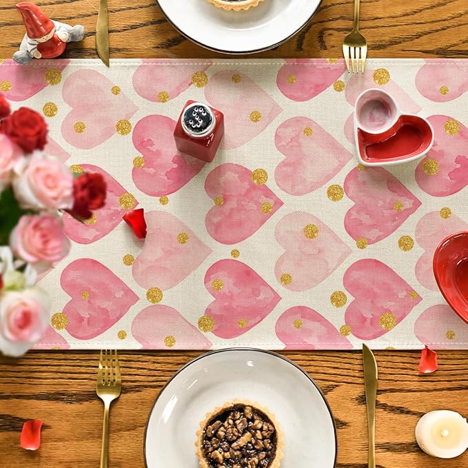 Artoid Mode Golden Pink Love Valentine's Table Runner, Seasonal Anniversary - Image 7