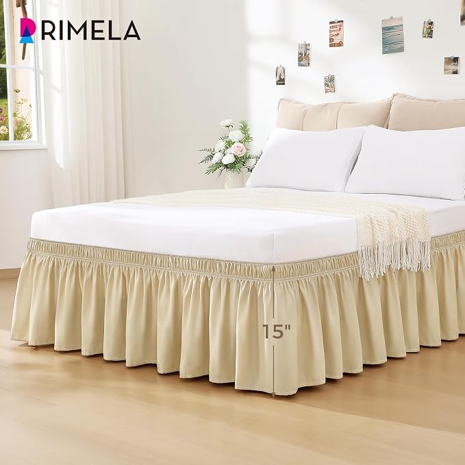 RIMELA Beige White Bed Skirt Queen Size 15 Inch Drop, Elastic Bed Skirting - Image 3
