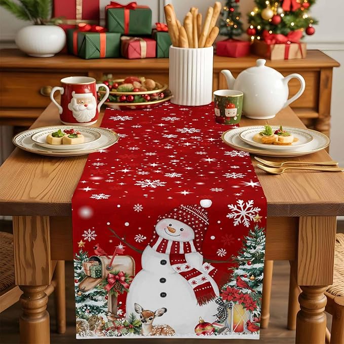 Red Snowman Christmas Table Runner, 13x108 Inch, Xmas Tree Table Runners Elk - Image 4