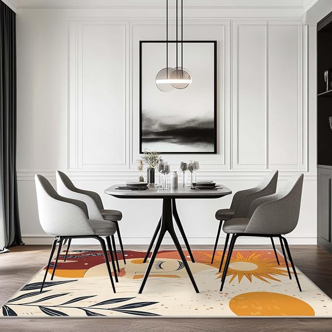 6x9 Sun and Moon Area Rug Beige Yellow Rug Non Slip Low Pile Large Carpet - Image 4