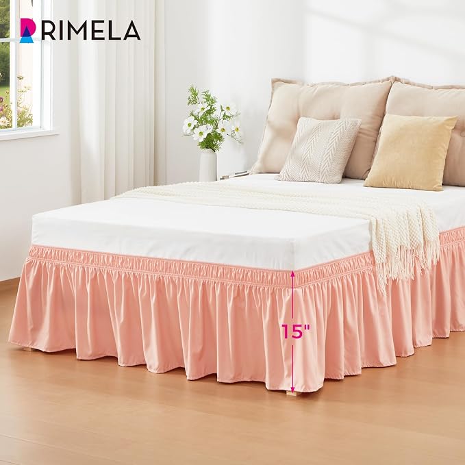 RIMELA Peachy Coral Bed Skirt King Size 15 Inch Drop, Elastic Bed Skirting - Image 3