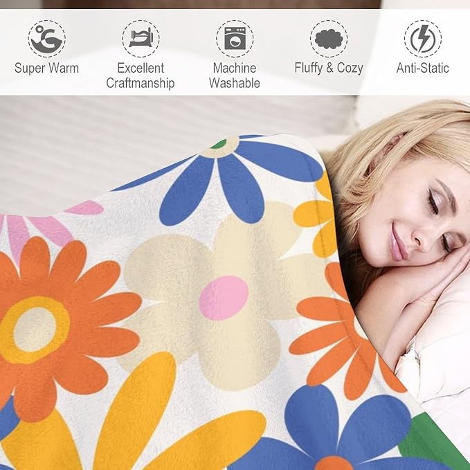 70s Retro Flower Throw Blanket, 60s Vintage Groovy Daisy Flowers Boho Hippie - Image 4