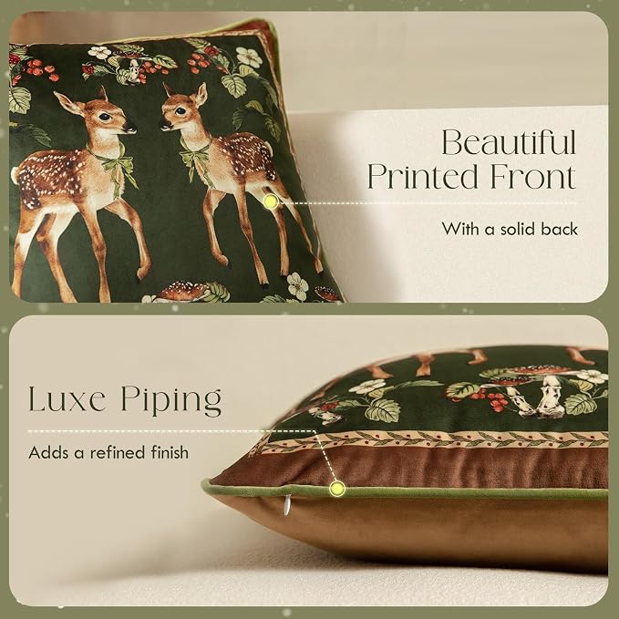 Grandmillennial Holly Deer Green Pillow Cover, Velvet Euro Sham Covers - Image 4