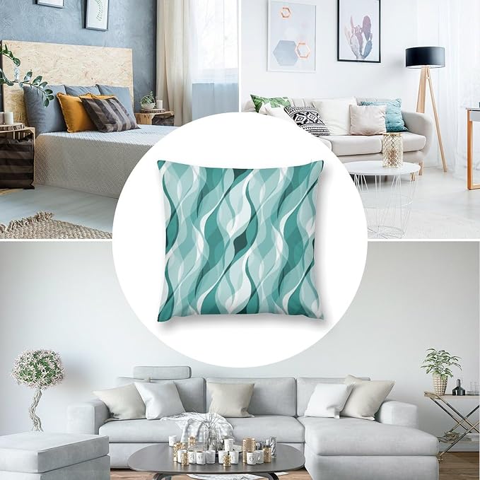 Teal Throw Pillow Covers Abstract Turquoise and Grey Striped Decorations - Image 6