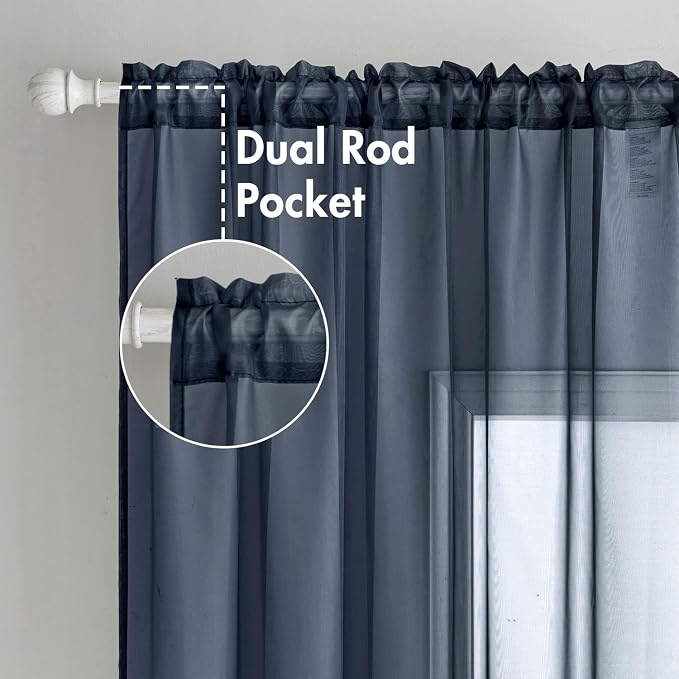 MIULEE 2 Panels Navy Blue Sheer Curtains 90 inches Long Window Curtains Rod - Image 2