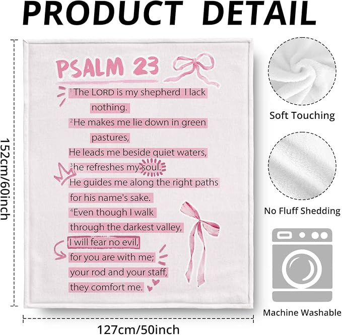 Coquette Pink Bow Christian Blanket, Psalm 23 Bible Verse Throw Blankets - Image 3