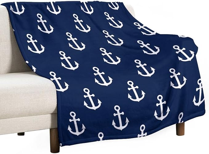 Anchor Blanket Vintage Rustic Ocean Nautical Style Navy Blue White Soft Cozy by JADERYS