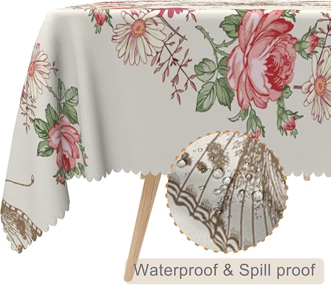 54x120inches Floral Rectangle Tablecloth Red Rose Flower Butterfly Printed - Image 2