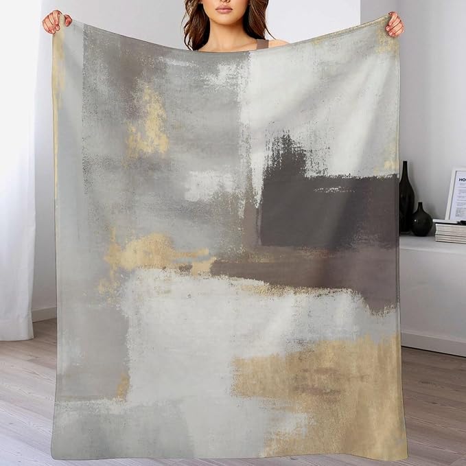 Fashion Gradient Blanket, Modern Abstract Baroque Grey Glod Painting Strokes - Image 5