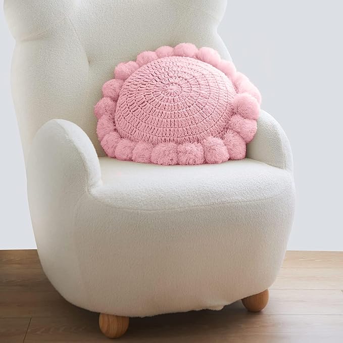Boho Round Throw Pillow with Cute Handmade Pom Poms Tassels 18 Inch, Decorative - Image 7